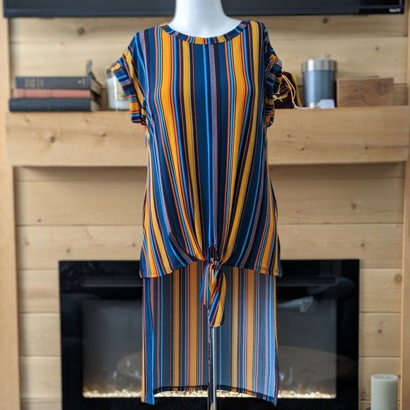 NEW Hi Low Colorful Cuffed Sleeve Front Tie Top Sized Medium from Suzy Shier - Picture 6 of 14